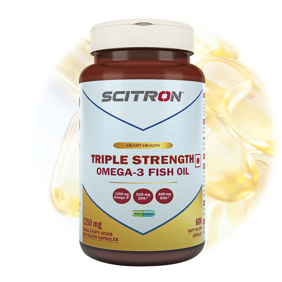 Scitron Omega-3 Fish Oil 1000mg | 180mg EPA & 120mg DHA | Supports Heart, Brain, Joint & Eye Health | High Purity Fish Oil Softgels | 60 Softgels | For Men & Women