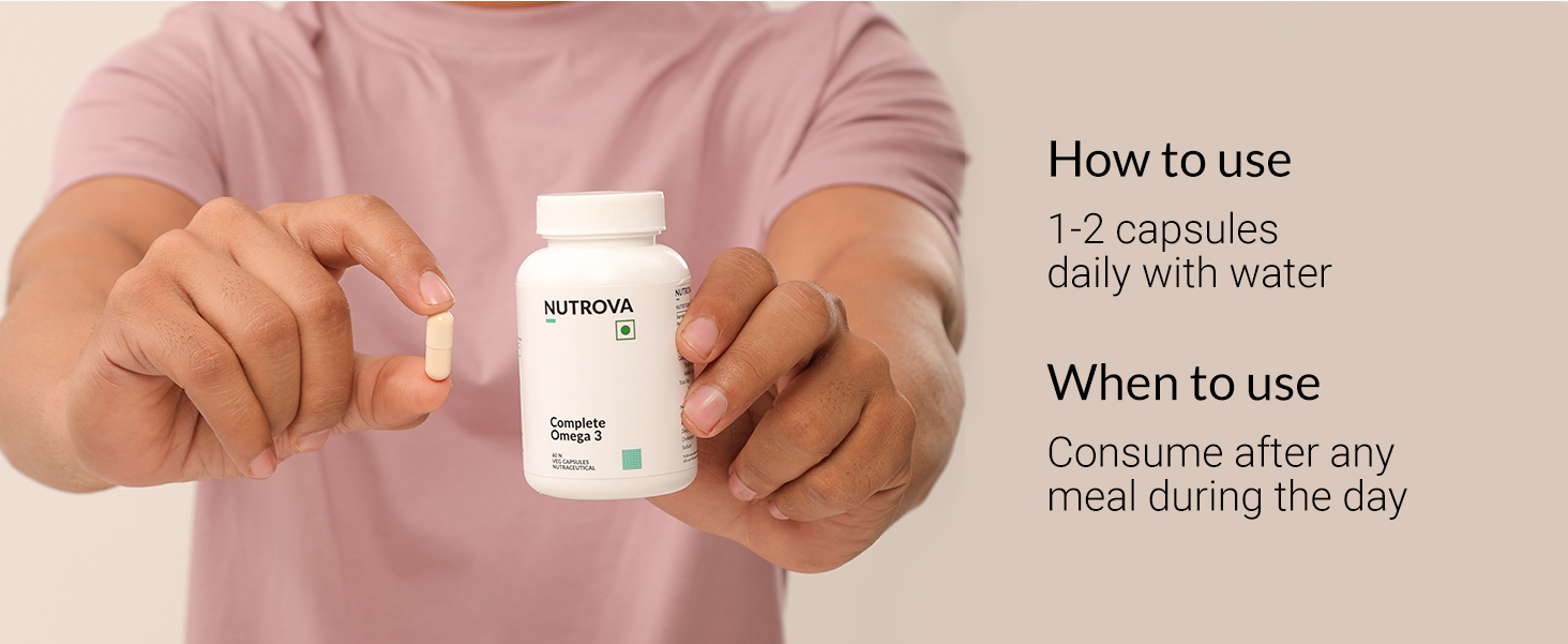 NUTROVA Complete Omega 3 Vegan and Gelatin-Free 60 capsules with Marine Algal Extract Containing 17% vegan-sourced DHA – Supports Cardio Health, Skin & Hair etc - Ideal for Vegans & Vegetarians