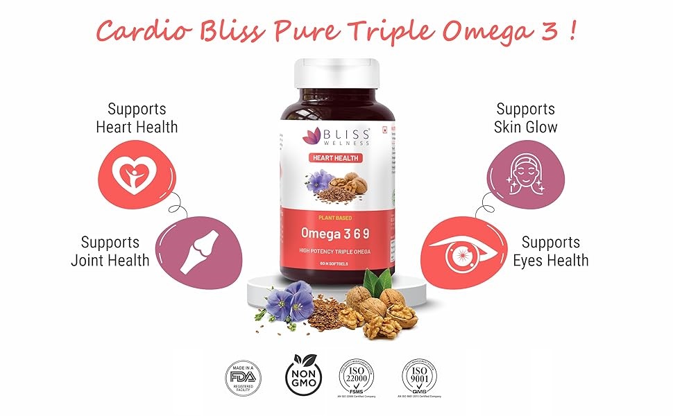 Bliss Welness Organic Omega 3 6 9 2000mg | Omega3 ALA 1000mg Omega 6 LA 274mg Omega 9 OA 400mg Essential Fatty Acid | Heart Cholesterol Brain Eye Immunity Health Supplement - 60 Softgel Capsules