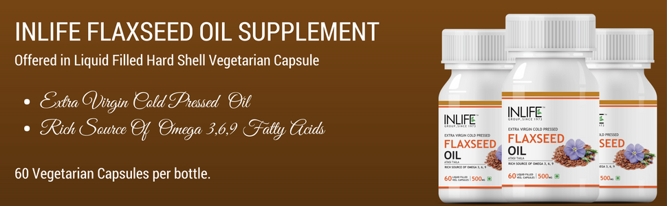 INLIFE Flaxseed Oil Veg Capsules 500mg, Omega 3 6 9 Supplement, 60 Count