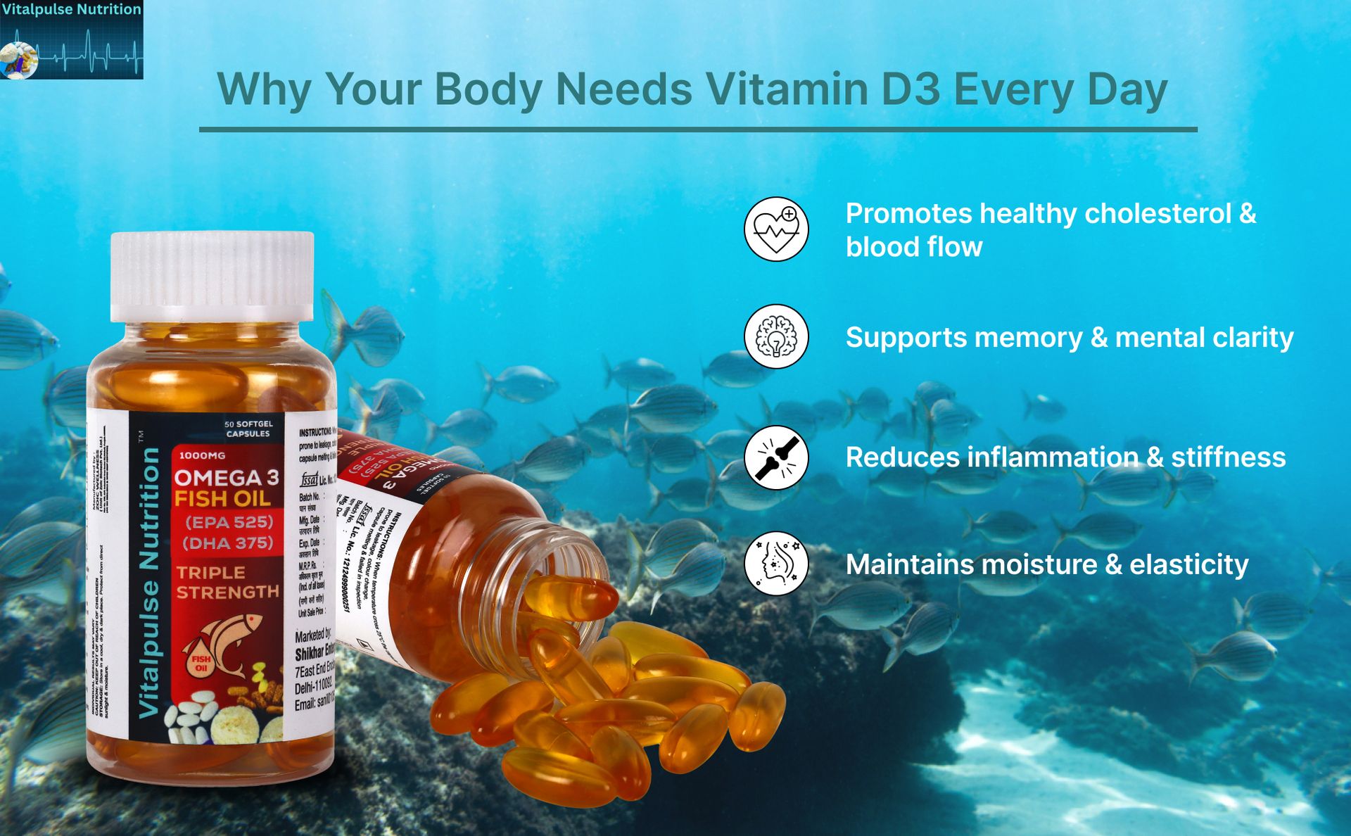 Omega 3 Fish Oil 1000mg | Triple Strength EPA 525mg & DHA 375mg | Heart, Brain, Joint & Eye Health | 50 Softgel Capsules