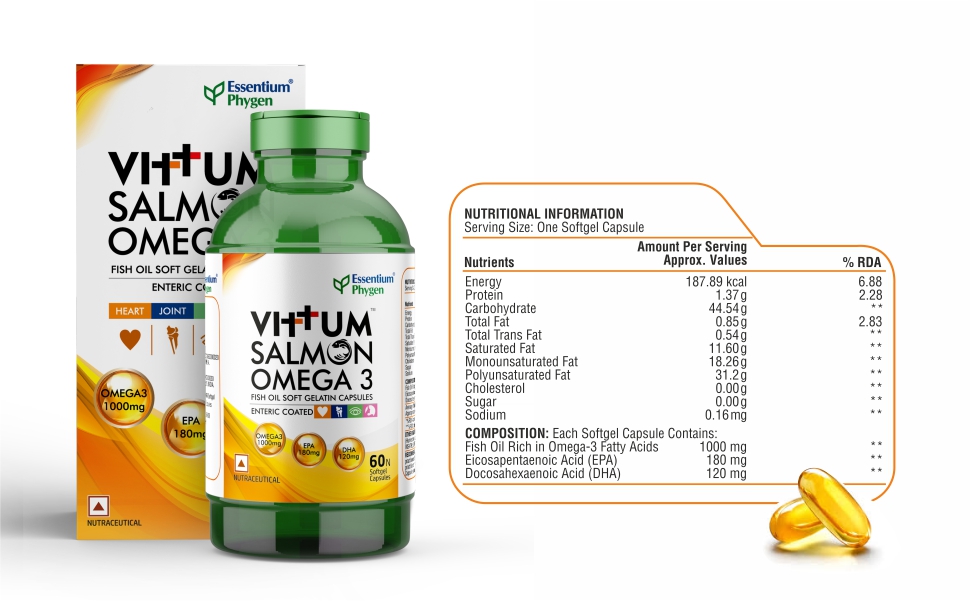 Vittum Omega 3 Salmon Fish Oil 1000 mg | EPA 180 mg + DHA 120 mg | Deep Sea Wild Fish Oil | Supports Heart, Brain & Eye Health | 60 Softgel Capsules