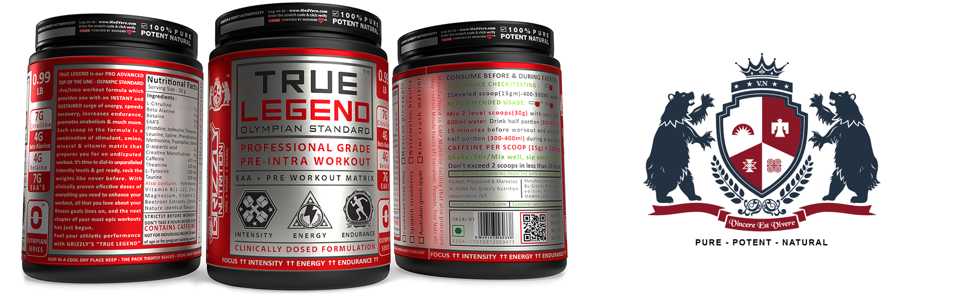 Grizzly Nutrition True Legend Olympian Grade Pre Workout Powder, Energy, Focus & Muscle Pump with L-Citrulline, Beta Alanine, Creatine, Caffeine, 450g+30g Energy Pack, Lime Mojito, Lab Researched