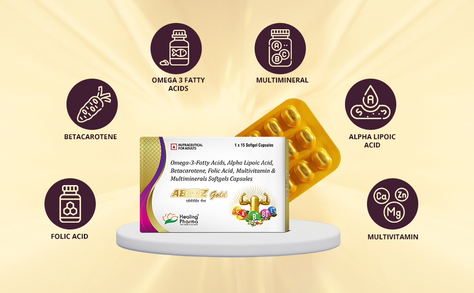 Healing Pharma - ABCDZ Gold Daily Health Supplement for Immunity & Vitality | High Potency Multivitamin Softgels with Antioxidants & Omega-3 Fatty Acids | For Fatigue, Joint Support & Heart Care| 1 x 15 Capsules
