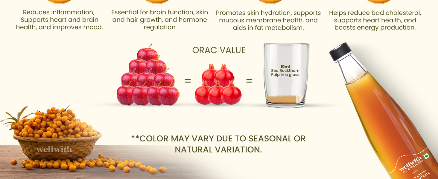 Wellwith by Ayuzera Natural Himalayan Sea Buckthorn Pulp 300ml | Cold Pressed Nutrient Rich Juice | Loaded with Vitamin C, Omega 3 6 7 9 & Antioxidants | For Skin, Immunity & Digestive Health