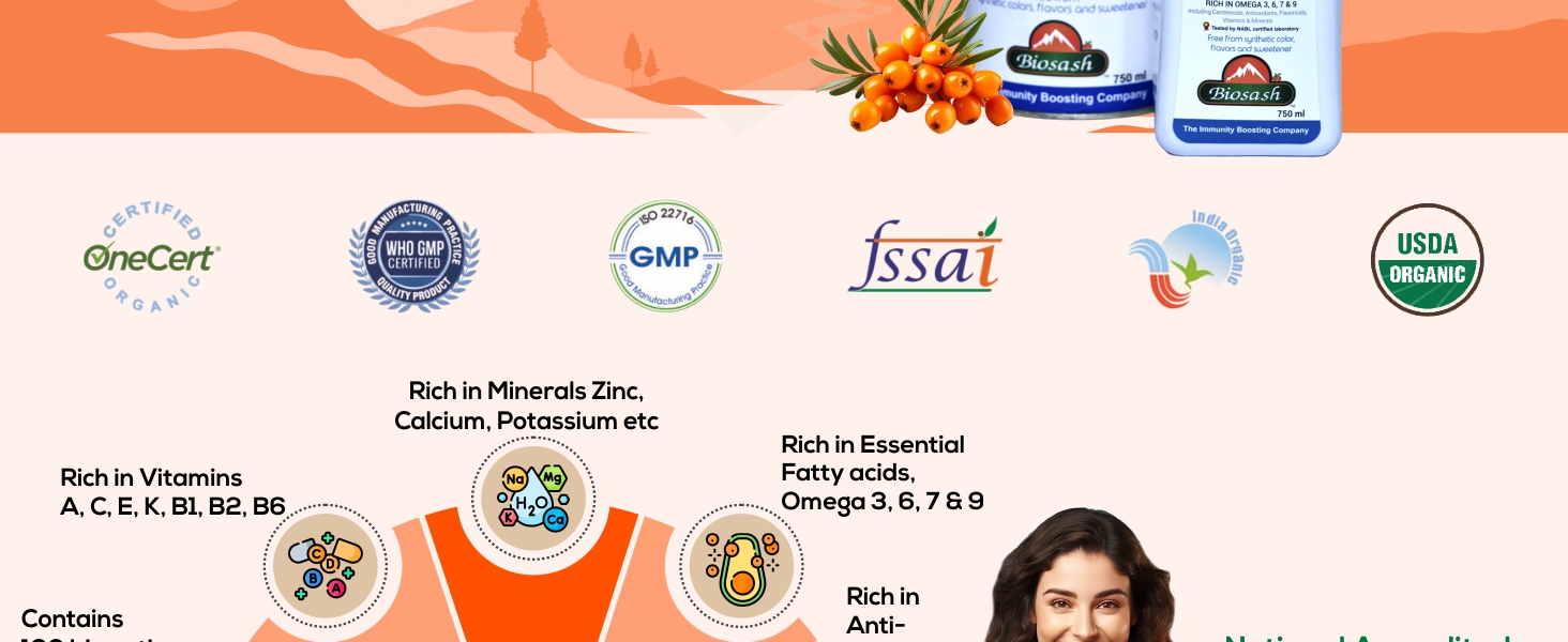 Biosash Sea Buckthorn Berry Empower Juice 750ml – Organic Juice with Seabuckthorn, Ashwagandha, Shatavari & Safed Musli | Rich in Omega 3 6 7 9 | Natural Drink for Energy Antioxidants & Vitality