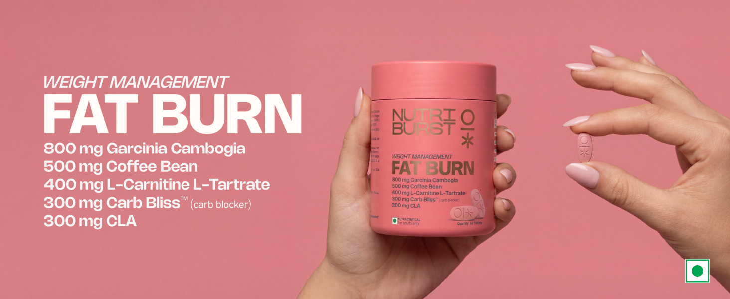 Nutriburst Fat Burn Tablets for Men & Women | Weight Management Supplement with Garcinia Cambogia, Green Coffee Bean, L-Carnitine, CLA & Carb Blocker | 60 Tablets | 1-Month Pack