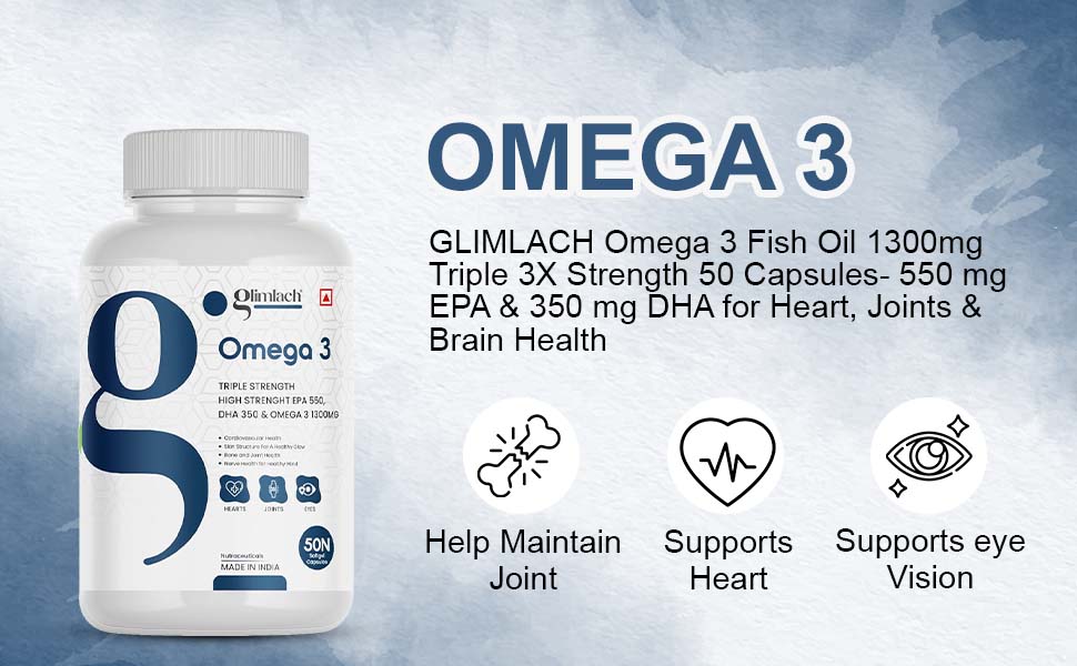 GLIMLACH Omega 3 Fish Oil 1300mg Triple 3X Strength 50 Capsules- 550 mg EPA & 350 mg DHA for Heart, Joints & Brain Health