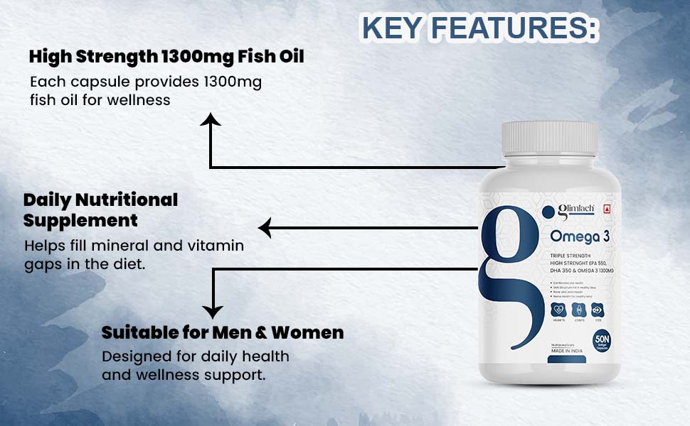 GLIMLACH Omega 3 Fish Oil 1300mg Triple 3X Strength 50 Capsules- 550 mg EPA & 350 mg DHA for Heart, Joints & Brain Health