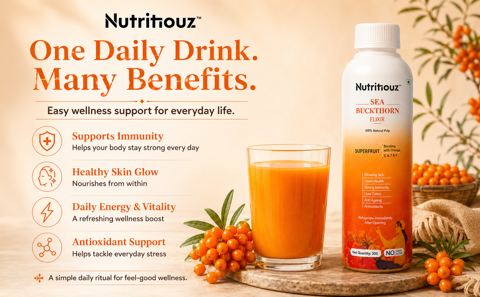 Himalayan Seabuckthorn Elixir (Juice) – 300 ml | Cold-Pressed Sea Buckthorn Pulp | Rich in Natural Vitamin C, Omegas 3, 6, 7 & 9 | Antioxidant-Rich Herbal Juice for Immunity, Heart Wellness, Skin Radiance & Digestive Health