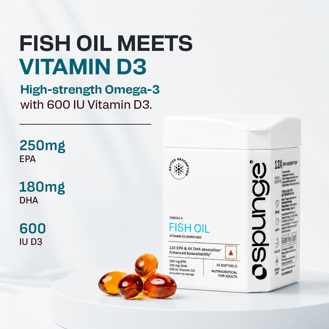 Spunge Omega 3 Fish Oil | Vitamin D3 Enriched | 30 Tablets | High Strength EPA & DHA with Vitamin D3 | 13X EPA & 4X DHA Absorption | Improved D3 Uptake | Supports Heart, Brain, Bone, Joint & Immune Health