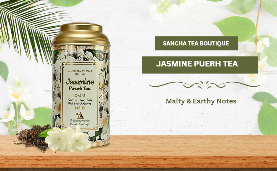 Sancha Tea Boutique, Jasmine Pu-erh Tea, 25 Pyramid Bags | Aged Chinese Pu-erh with Jasmine Flowers | Earthy, Malty & Floral Notes | Premium Fermented Blend