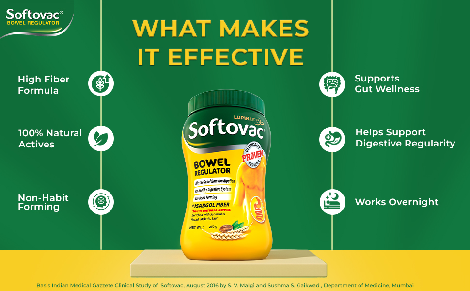 Softovac Isabgol Fiber Plus+ Natural Actives 250g | Psyllium Husk | Complete Relief from Constipation | Gentle on Stomach, Boosts Gut Health - Natural Bowel Regulator for Adults