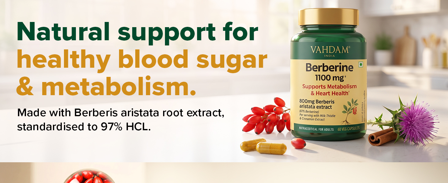 VAHDAM Berberine Capsules | Metabolism, Insulin, Blood Sugar Support | 60 N