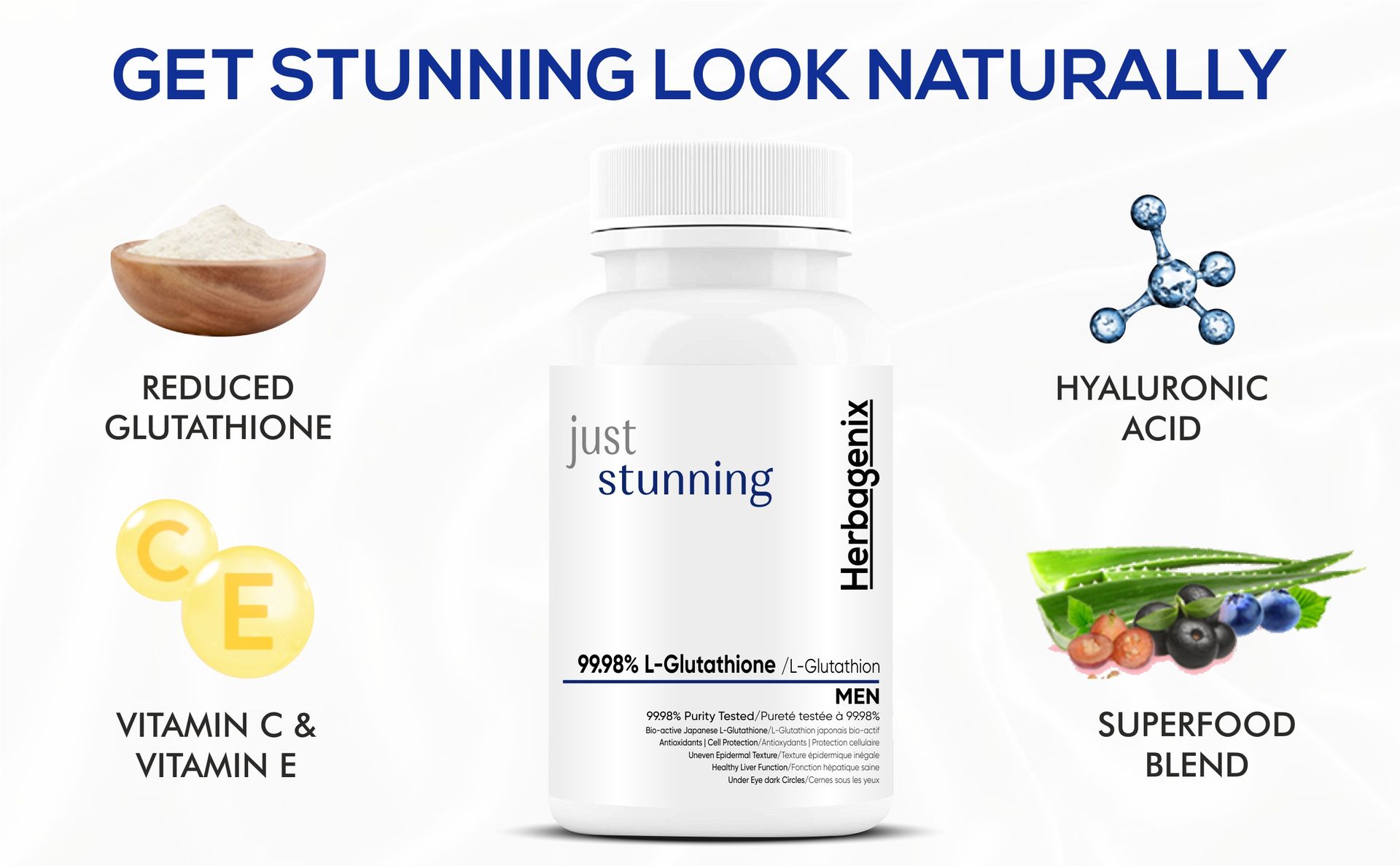 Glutathione-Tablets For Skin-Whitening L-Glutathione Reduced, Vitamin C, E, Biotin, milk thistle powder, Hyaluronic Acid, Collagen Supplements For Men-60 Glow Tablet (No Capsule/capsules)