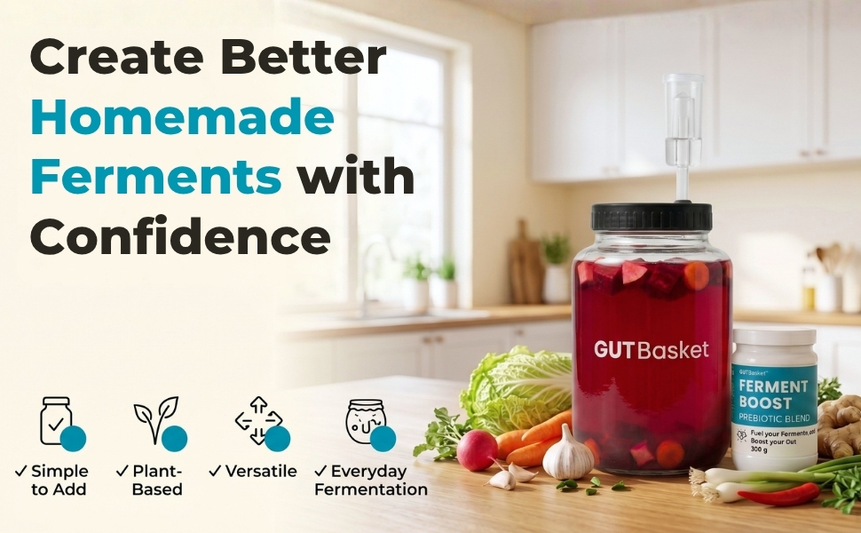 Gutbasket Ferment Boost (250g) - Prebiotic Blend to Enhance Fermentation of Kanji, Vegetable, Kefir | Boosts Probiotics & Improves Flavor | Supports Faster, Healthier Ferments | Vegan, Gluten-Free, Non-GMO