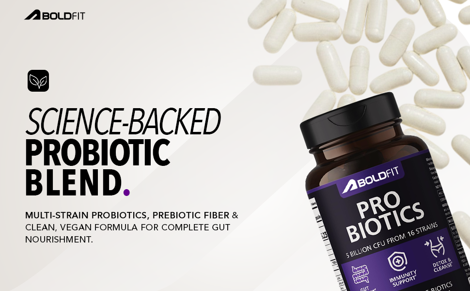 Boldfit Probiotics 5 Billion CFU with 16 Strains and Prebiotics for Gut Cleanse Detox Digestive Health Bloating Relief Constipation Probiotic Supplement for Men and Women Supports Immunity Booster - 60 Veg Capsules