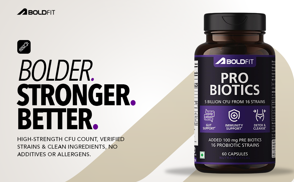 Boldfit Probiotics 5 Billion CFU with 16 Strains and Prebiotics for Gut Cleanse Detox Digestive Health Bloating Relief Constipation Probiotic Supplement for Men and Women Supports Immunity Booster - 60 Veg Capsules