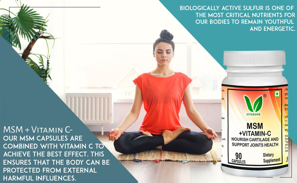Vitaruhe® MSM Capsules with Vitamin C, 90 Capsules for 3 Months, Daily High Dose of Organic Sulfur Powder, 99.9% Pure Methylsulfonylmethane