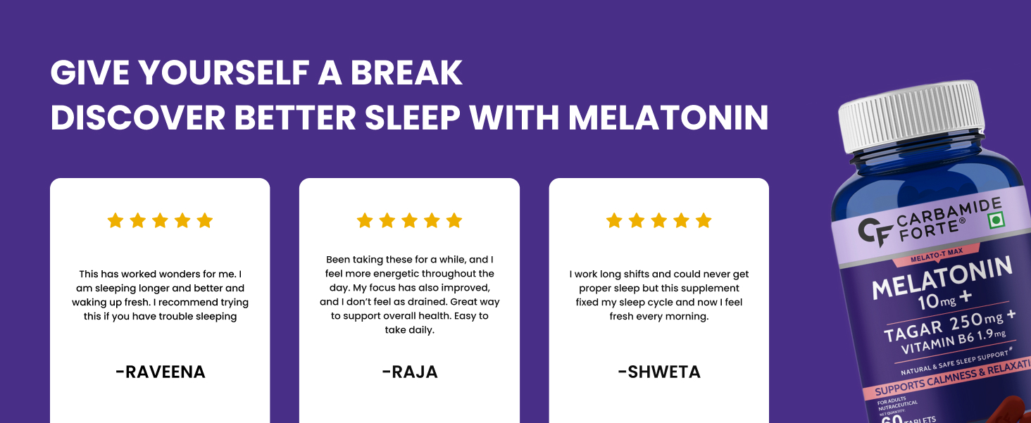 Carbamide Forte Melatonin 10 mg Sleeping Pills with Tagar 250 mg | Sleep Supplement for Men & Women | Melatonin Tablet for Restful Deep Sleeps - 60 Veg Tablets