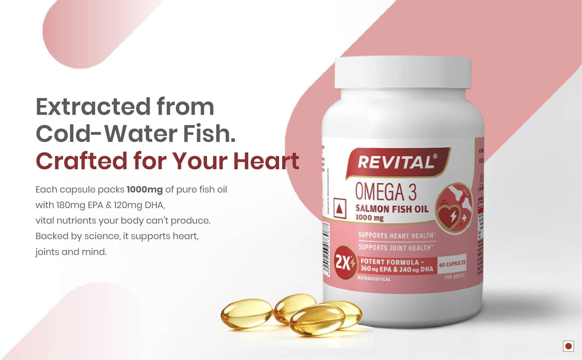 Revital Omega 3 Salmon Fish Oil 1000mg Capsules with EPA 180mg & DHA 120mg | Triglyceride Form | Supports Heart, Joint & Brain Health | Vitamin E Enriched | No Fishy Burps | 60 Capsules | Heavy Metal Tested