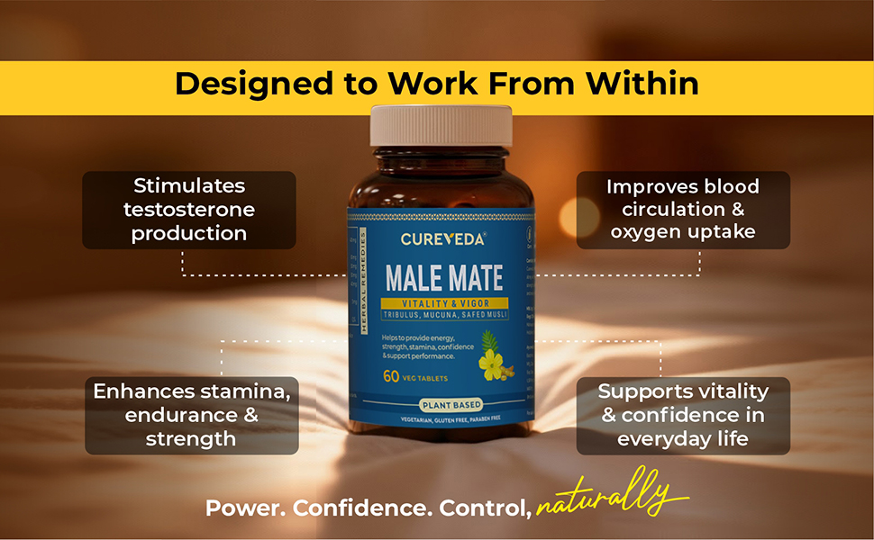 Cureveda Herbal Male Mate | Testosterone Support Supplement For Men | Tribulus, Mucuna, Safed Musli | 60 tab