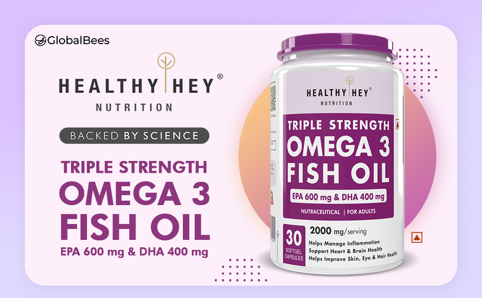 HealthyHey Nutrition Fish Oil Capsules Omega 3 60 Softgel For Women and Men | Triple Strength Fish Oil | Burpless, EPA 600 - DHA 400 Supplement