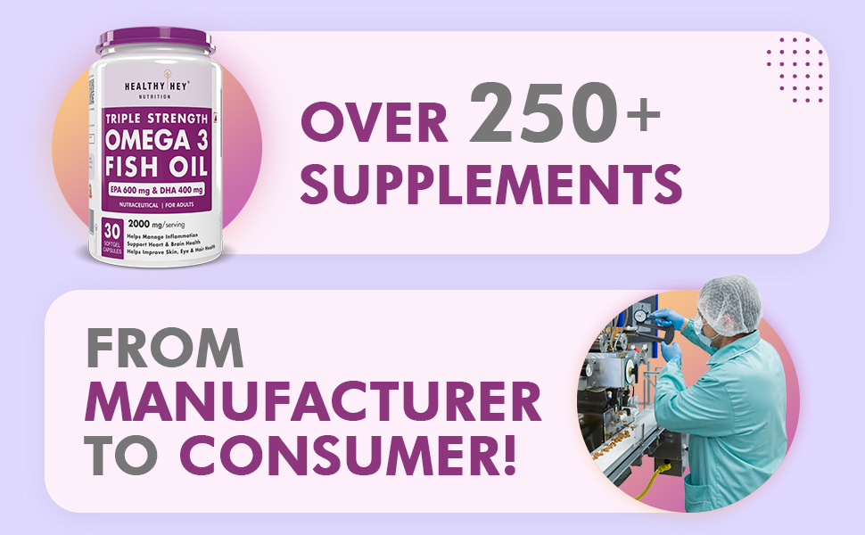 HealthyHey Nutrition Fish Oil Capsules Omega 3 60 Softgel For Women and Men | Triple Strength Fish Oil | Burpless, EPA 600 - DHA 400 Supplement