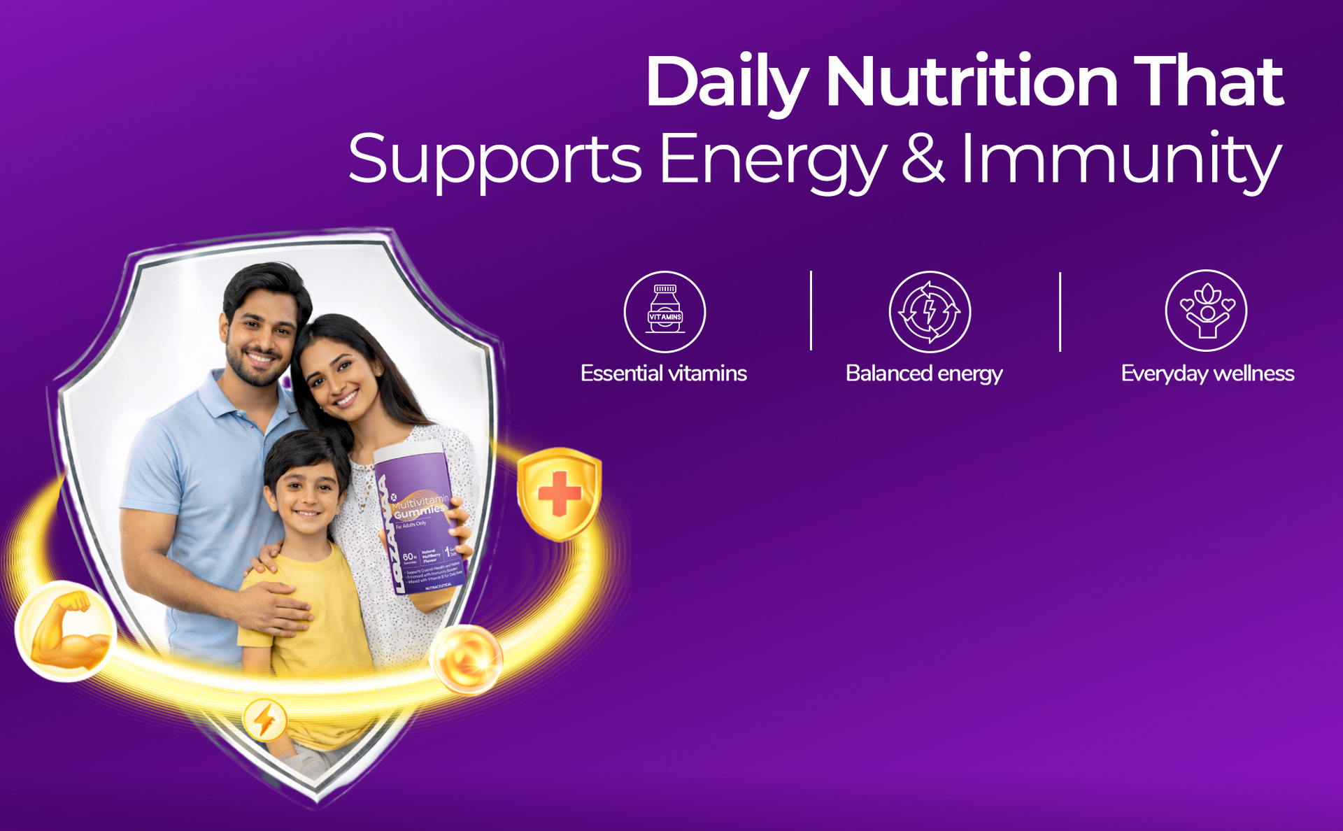 Multivitamin Gummies for Men & Women Daily Energy & Immunity Support with Vitamin B12, Vitamin D, Iron & Zinc With Biotin, Vitamin A & E for Skin & Hair | Pure Vegetarian | Multiberry Flavour | No Added Sugar | 17 Essential Nutrients | 60 Gummies