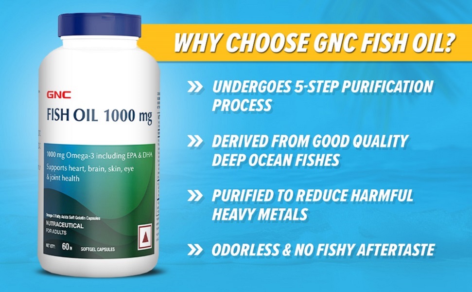 GNC Fish Oil 1000mg Omega-3 with 180mg EPA & 120mg DHA | 60 Softgels | For Heart, Brain, Joint & Vision Support | Ultra-Pure, & Enteric-Coated for No Fishy Aftertaste | USA Formulated