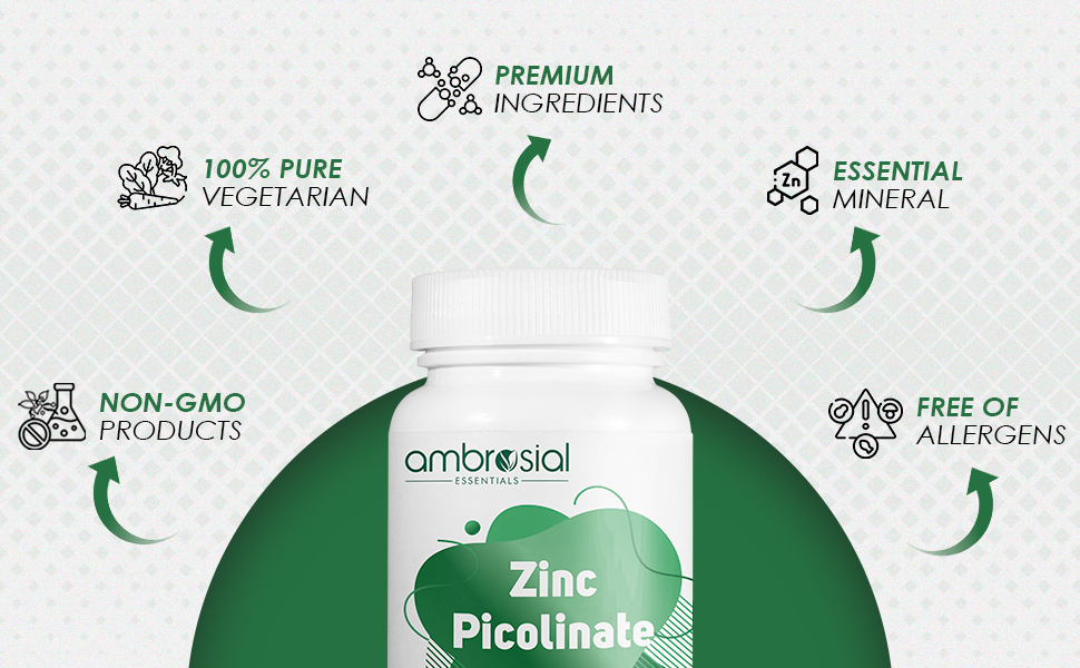 Ambrosial Zinc Picolinate 30mg, High Strength Zinc Supplements, Best Tablet for Immune Support, Bones, Hair, Skin, Nails, Supplement for Men & Women, Pack of 1-120 Tablets.