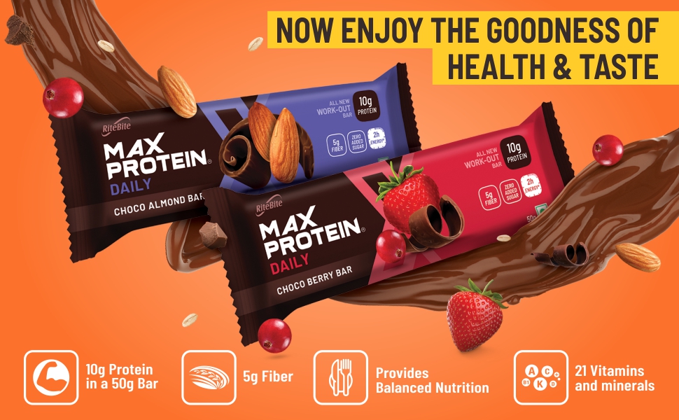 RiteBite Max Protein Daily Choco Berry Protein Bars with 10g Protein, 5g Fiber & 21 Vit. & Minerals | 0 Added Sugar, No Cholesterol & Trans Fat For Upto 2h of Energy, Healthy Snack, 50g (Pack of 6)