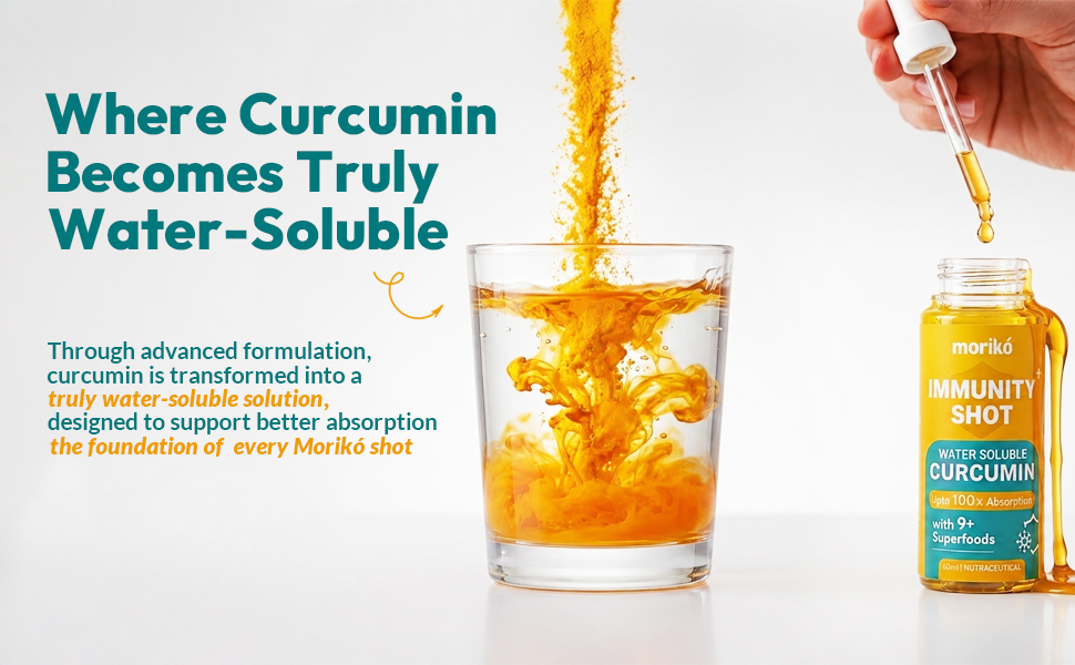 Moriko Immunity Shots | Water Soluble Turmeric Curcumin Shots with Moringa, Tulsi, Ginger, Ashwagandha and more | Supports Immunity, Metabolism, Heart Health, Oxidative Stress, Anti Inflammation | Natural & Pure (Pack of 6)