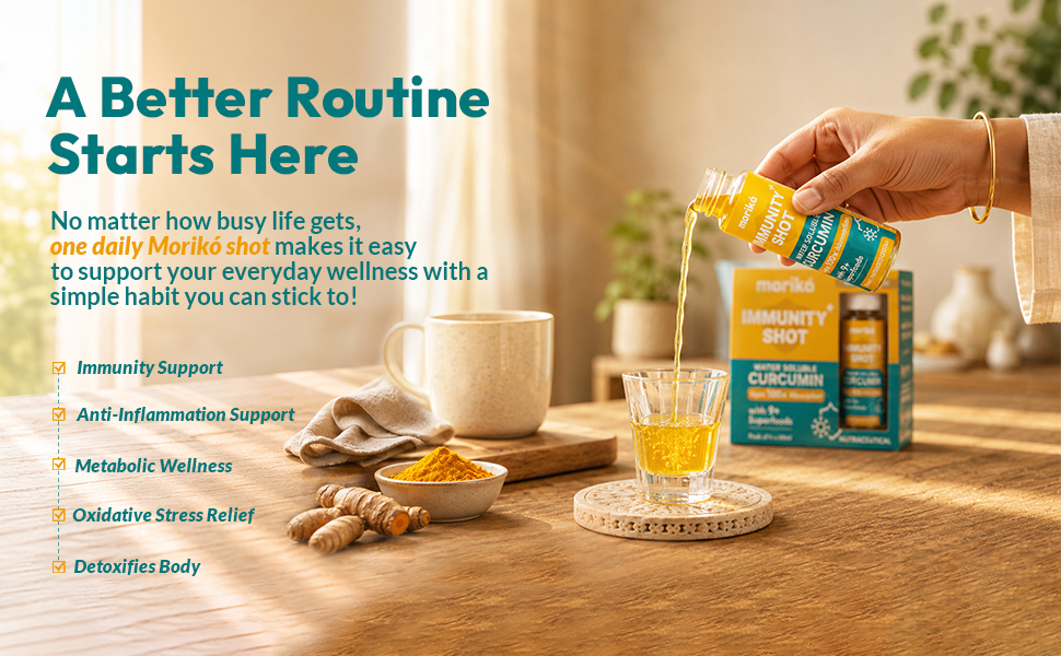 Moriko Immunity Shots | Water Soluble Turmeric Curcumin Shots with Moringa, Tulsi, Ginger, Ashwagandha and more | Supports Immunity, Metabolism, Heart Health, Oxidative Stress, Anti Inflammation | Natural & Pure (Pack of 6)