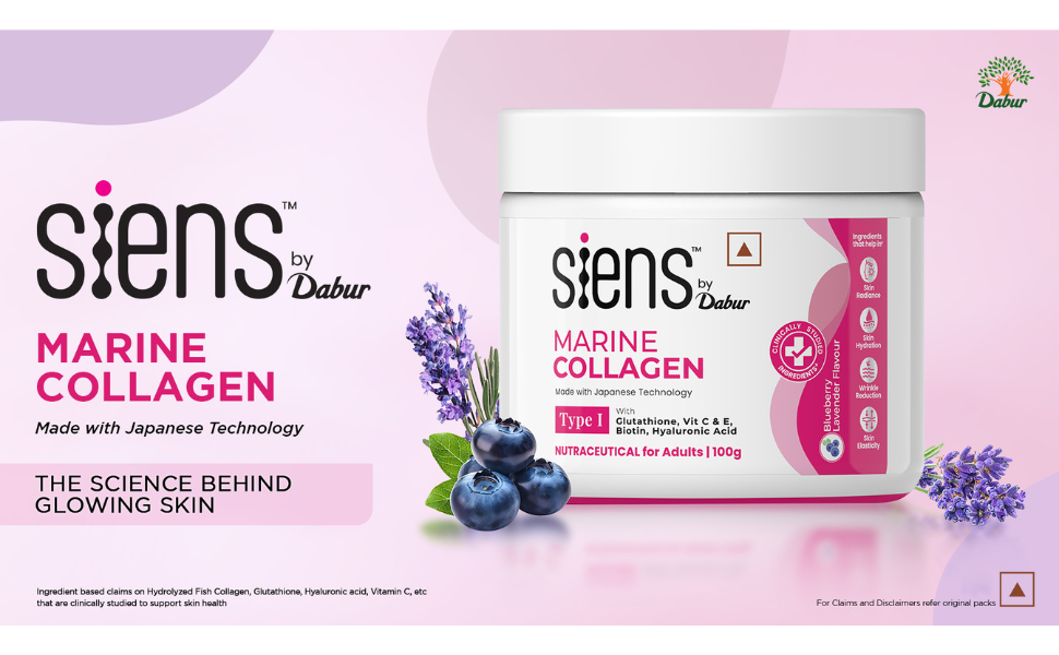 Siens By Dabur Hydrolyzed Marine Collagen-100g | Made with Japanese technology | Supplement for Women | For Skin Radiance & Hydration | Blueberry Lavender Flavour, Powder