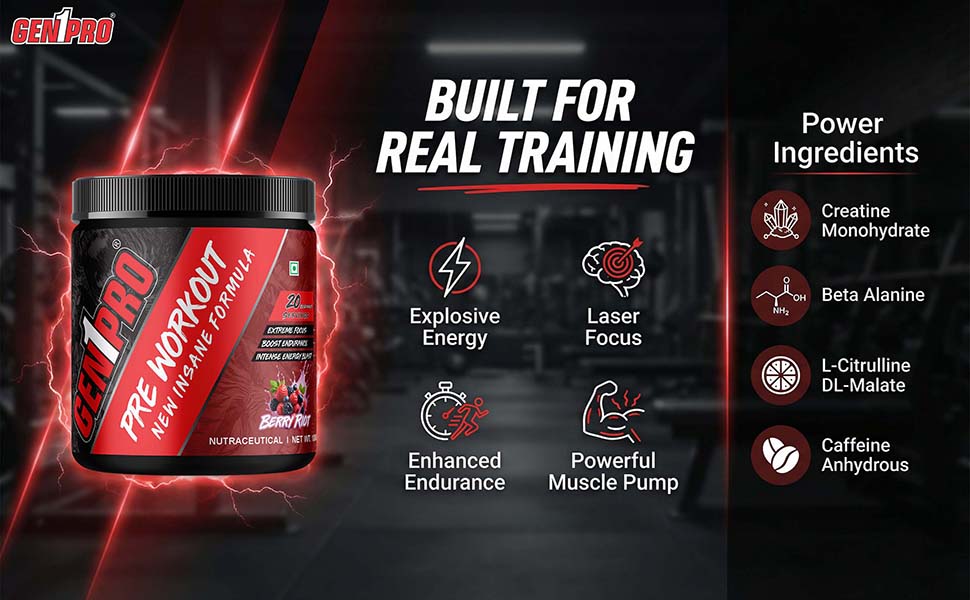 Pre Workout Powder – New Insane Formula for Energy, Focus, Endurance & Muscle Pump | 200mg Caffeine, 3.5g Beta-Alanine, Creatine, Amino Acids & Vitamins | Sugar Free Sports Nutrition Supplement [Berry Riot, 15 Servings, 100g]