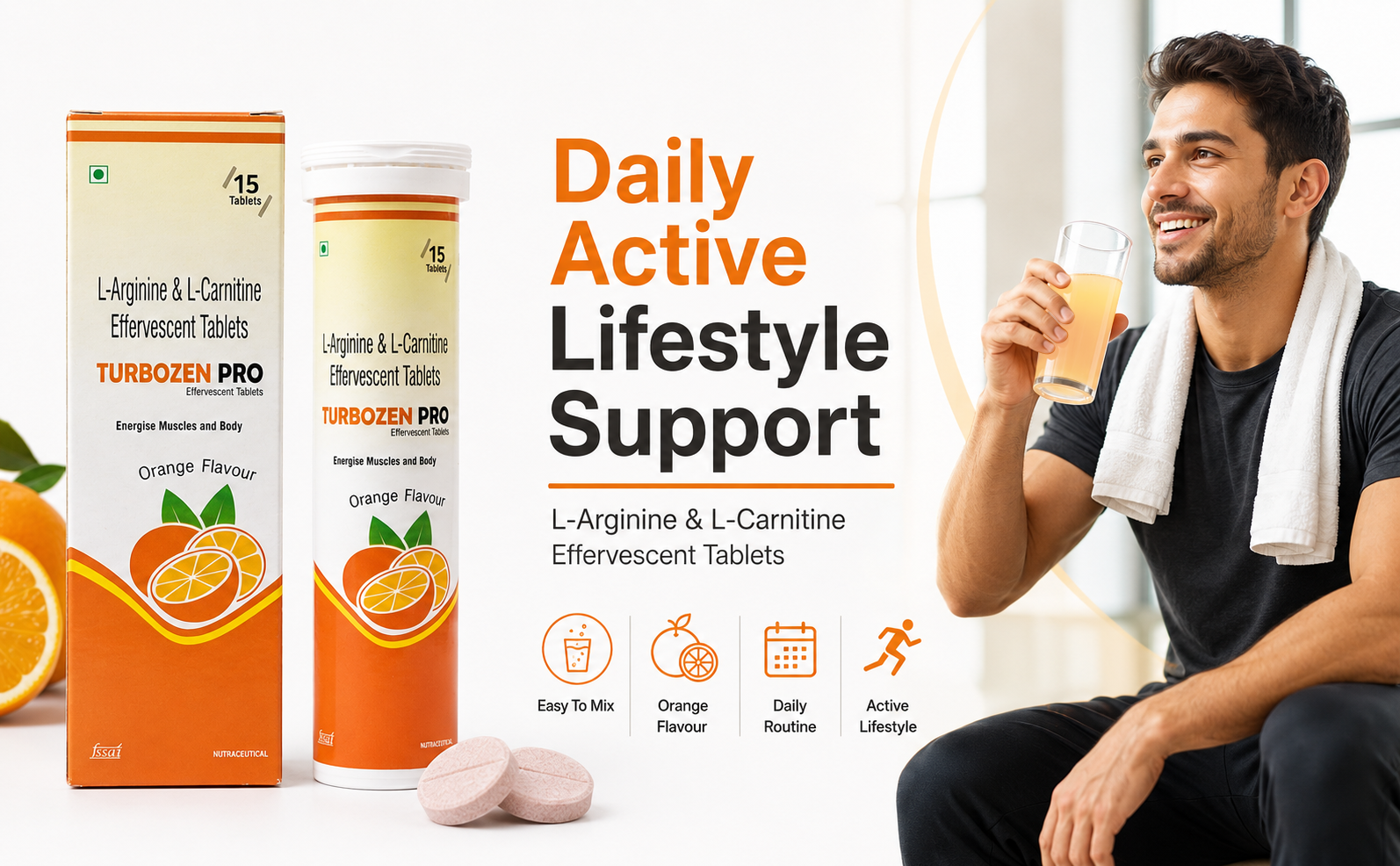 TURBOZEN PRO L-Arginine & L-Carnitine Effervescent Tablets | Orange Flavor Energy Drink Tablets | Daily Stamina & Active Lifestyle Support | 15 Effervescent Tablets