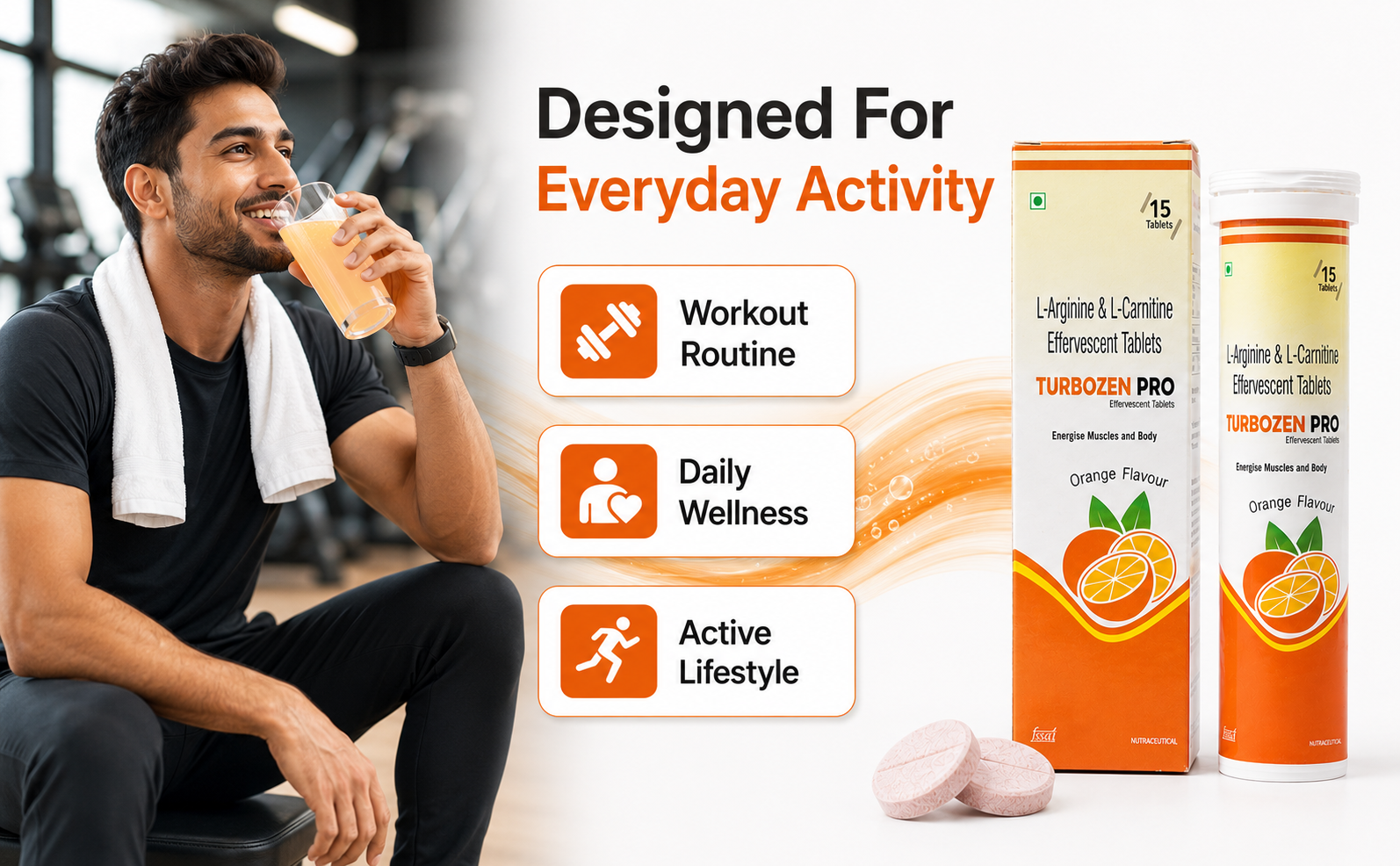 TURBOZEN PRO L-Arginine & L-Carnitine Effervescent Tablets | Orange Flavor Energy Drink Tablets | Daily Stamina & Active Lifestyle Support | 15 Effervescent Tablets