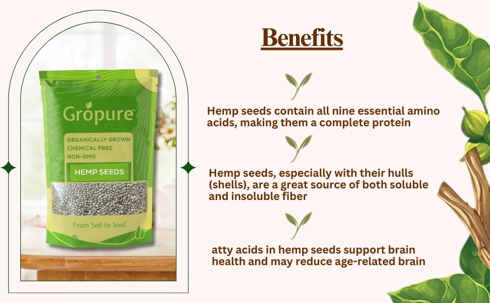 GroPure Organic: From Soil to Soul - Hemp Seeds for Eating 725 g I Hemp Seeds I High in Protein, Fibre I Perfect for Smoothies, Salads, Baking I Organic Hemp | Suitable for Keto & Vegan Diets | Natural Plant-Based Nutrition