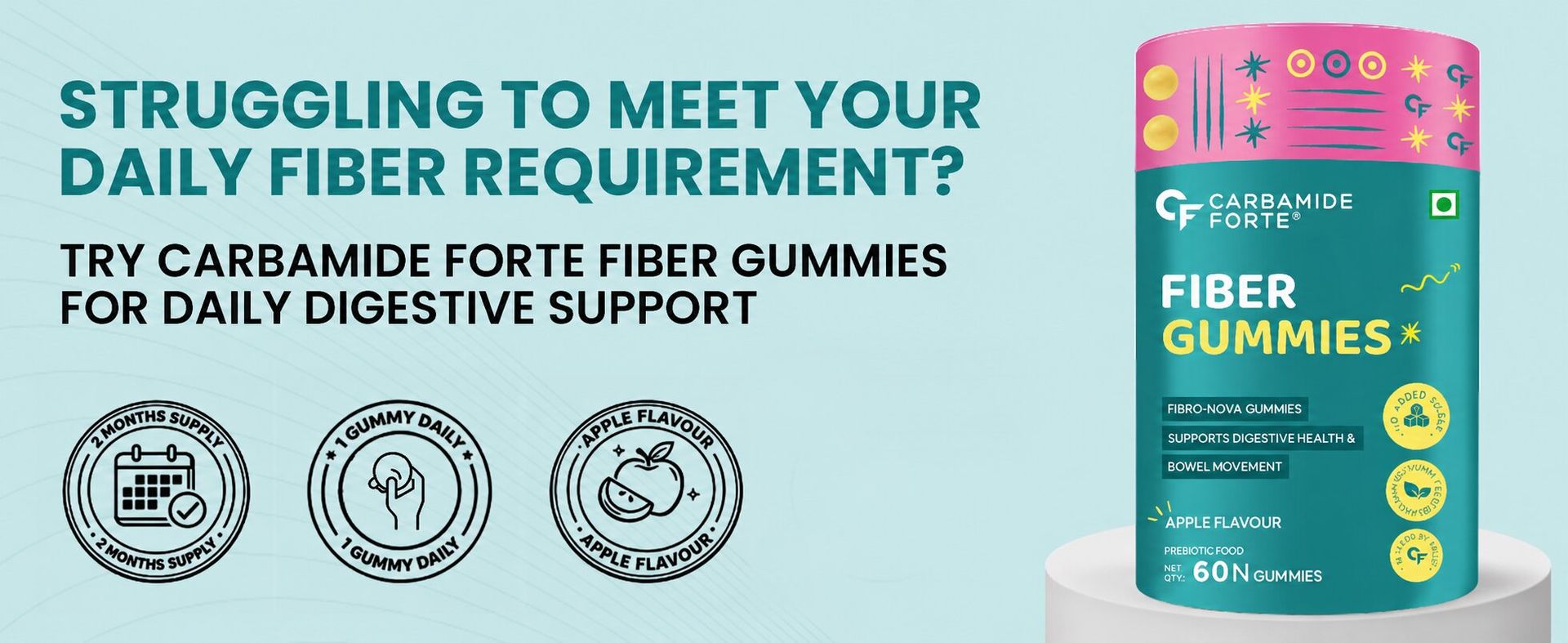 Carbamide Forte Fiber Gummies | Daily Fiber Supplement | Dietary Supplements For Constipation | Healthy Digestion, Weight & Blood Sugar Management | 60 Veg Apple Flavoured Gummies
