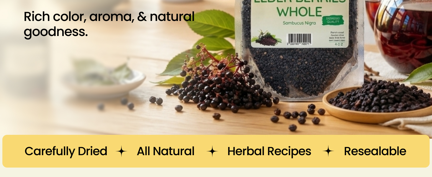 Herb To Body Organic Elderberry Dried Whole - 4oz Wildcrafted Sambucus Elderberry for Syrup, Teas, and Herbal Recipes