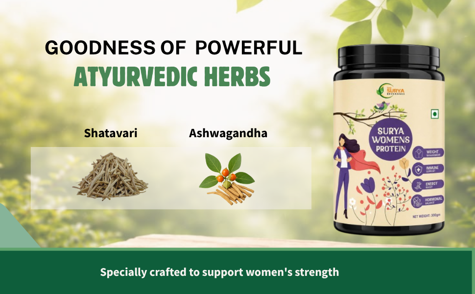 Surya Women's Ayurvedic Plant Protein Powder, Sweet & Creamy Flavour, with Shatavari and Ashwagandha, 300gm, for Hormonal Balance, Skin, Hair and Nail Health