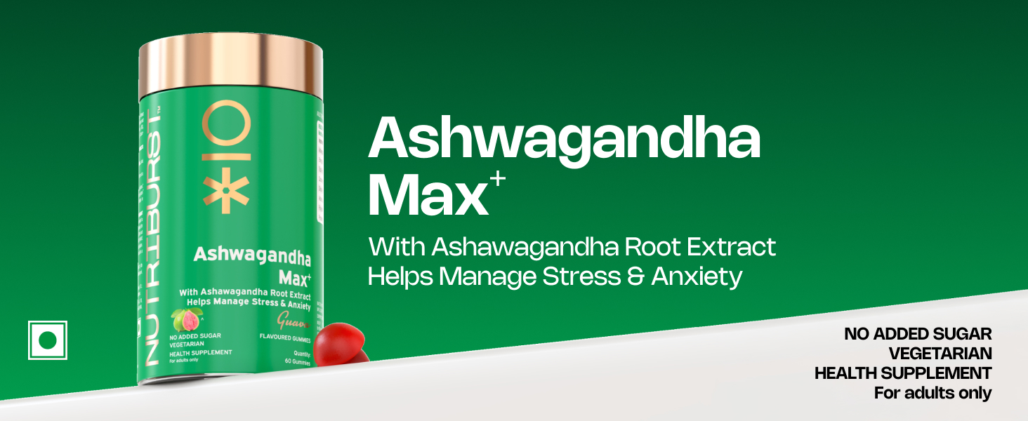 Nutriburst Ashwagandha Max 500mg Gummies for Stress & Anxiety Relief | Boosts Energy, Stamina & Vitality | Helps Relax Mind & Body | Sugar Free | Guava Flavour | 60 Gummies