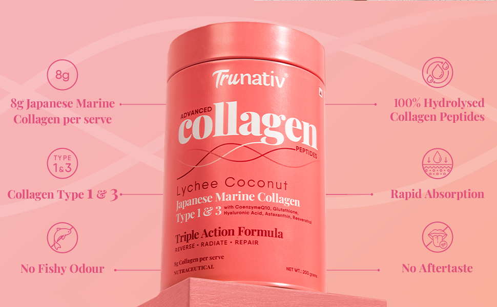 Trunativ Collagen Supplements | Advanced Japanese Marine Collagen Powder for Women & Men | Type 1 and 3 Hydrolyzed Peptides | Supplement with Hyaluronic Acid | Supports Skin Glow, Hair Growth, and Nail Strength | Lychee Coconut (200g)