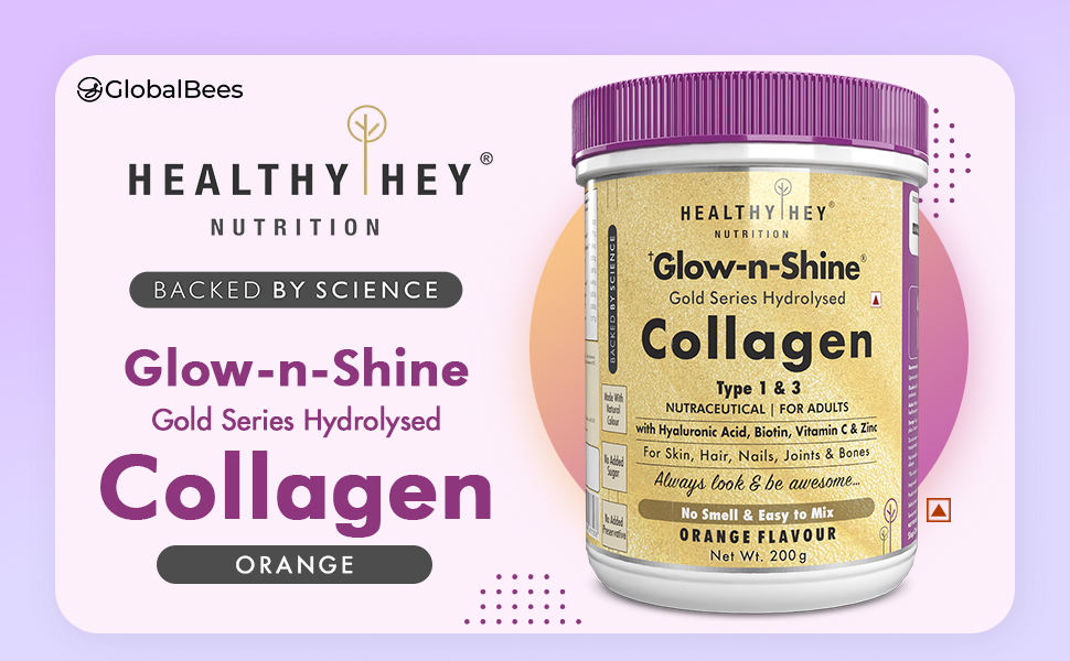 HealthyHey Skin Glow-n-Shine® Collagen Powder 200g | Hydrolysed Collagen for Women and Men with Hyaluronic Acid, Biotin and Vitamin C for Healthy Skin, Hair and Nails - (Orange, 200gm)