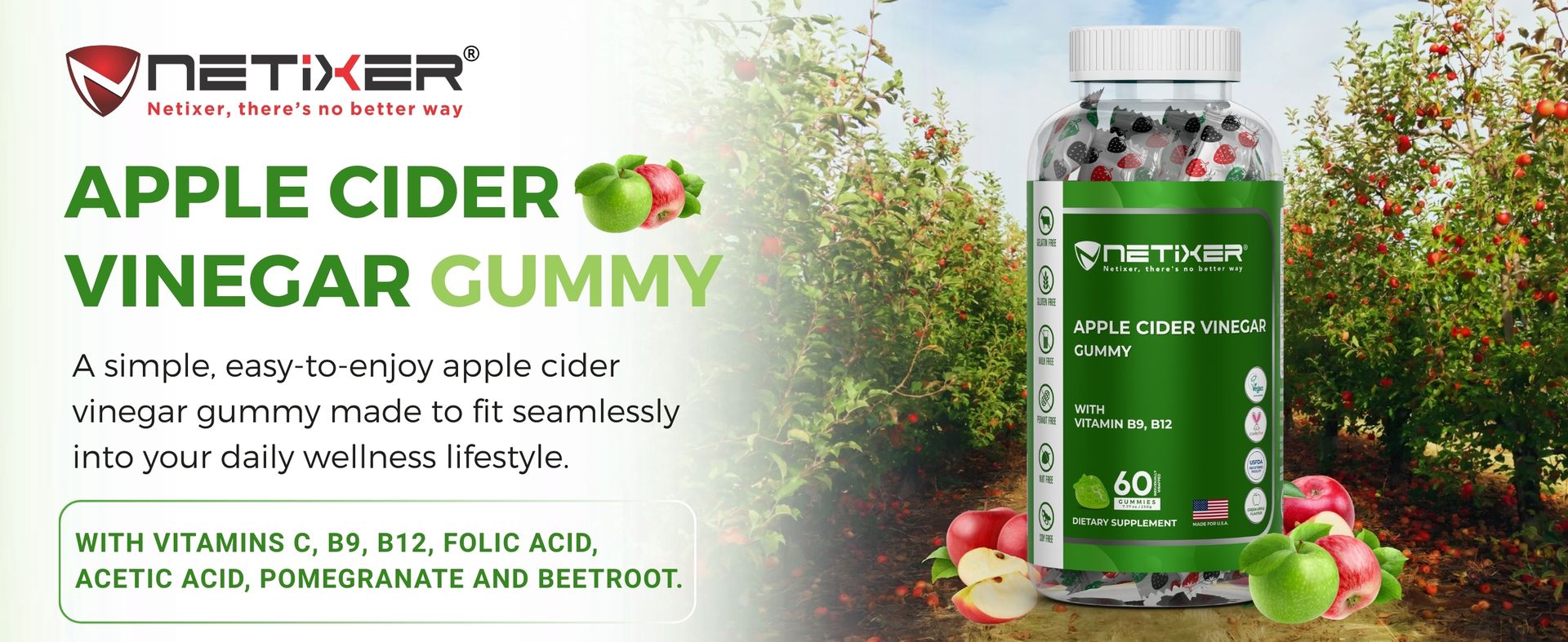 Apple Cider Vinegar Gummies 350mg ACV Per Gummy Vitamin B9 B12 Vegan Pectin Digestive Support Detox Metabolism Energy Boost Sugar Free Supplement 60 Count Individually Wrapped