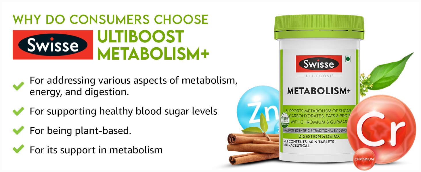 Swisse Metabolism+ With Chromium For Weight Management - Supports Digestion, Detox and Healthy Blood Sugar Levels - 60 Tablets