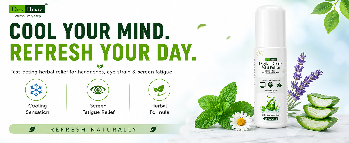 Digital Detox Relief Roll On 50 ml for Headache, Eye Strain & Screen Fatigue Relief Cooling Herbal Roll-On with Peppermint Chamomile & Lavender Ayurvedic Stress Relief Relaxation Therapy