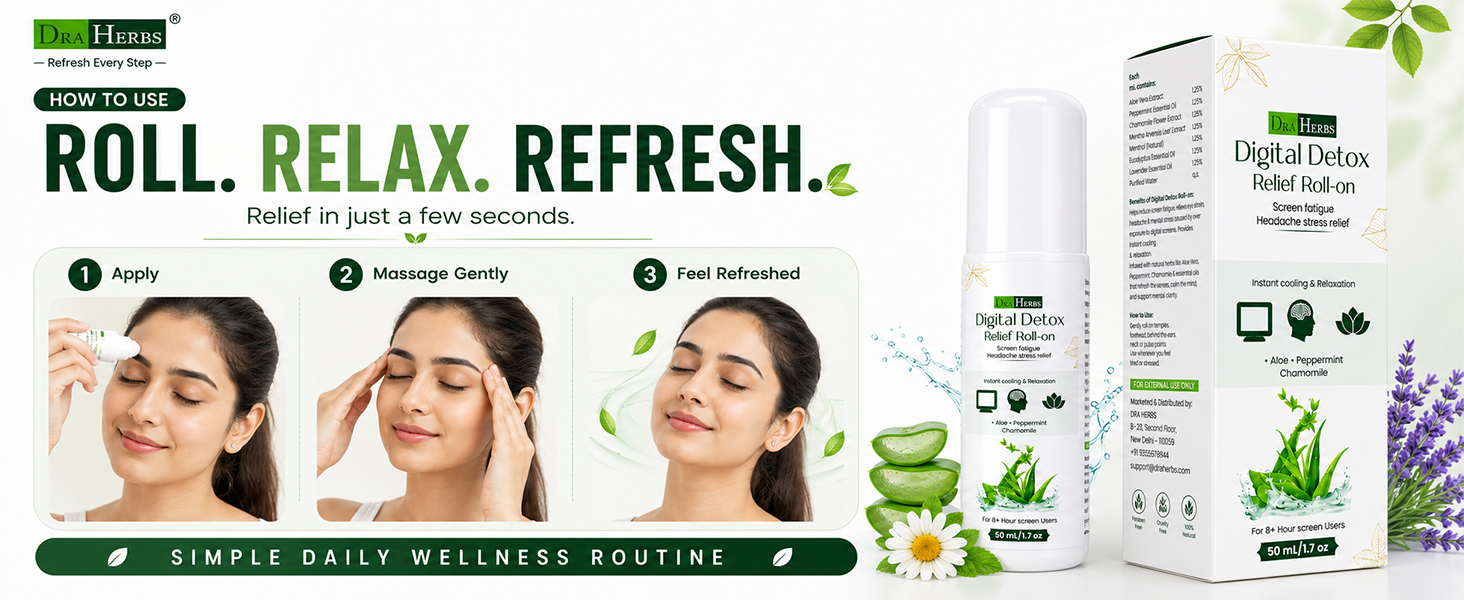 Digital Detox Relief Roll On 50 ml for Headache, Eye Strain & Screen Fatigue Relief Cooling Herbal Roll-On with Peppermint Chamomile & Lavender Ayurvedic Stress Relief Relaxation Therapy