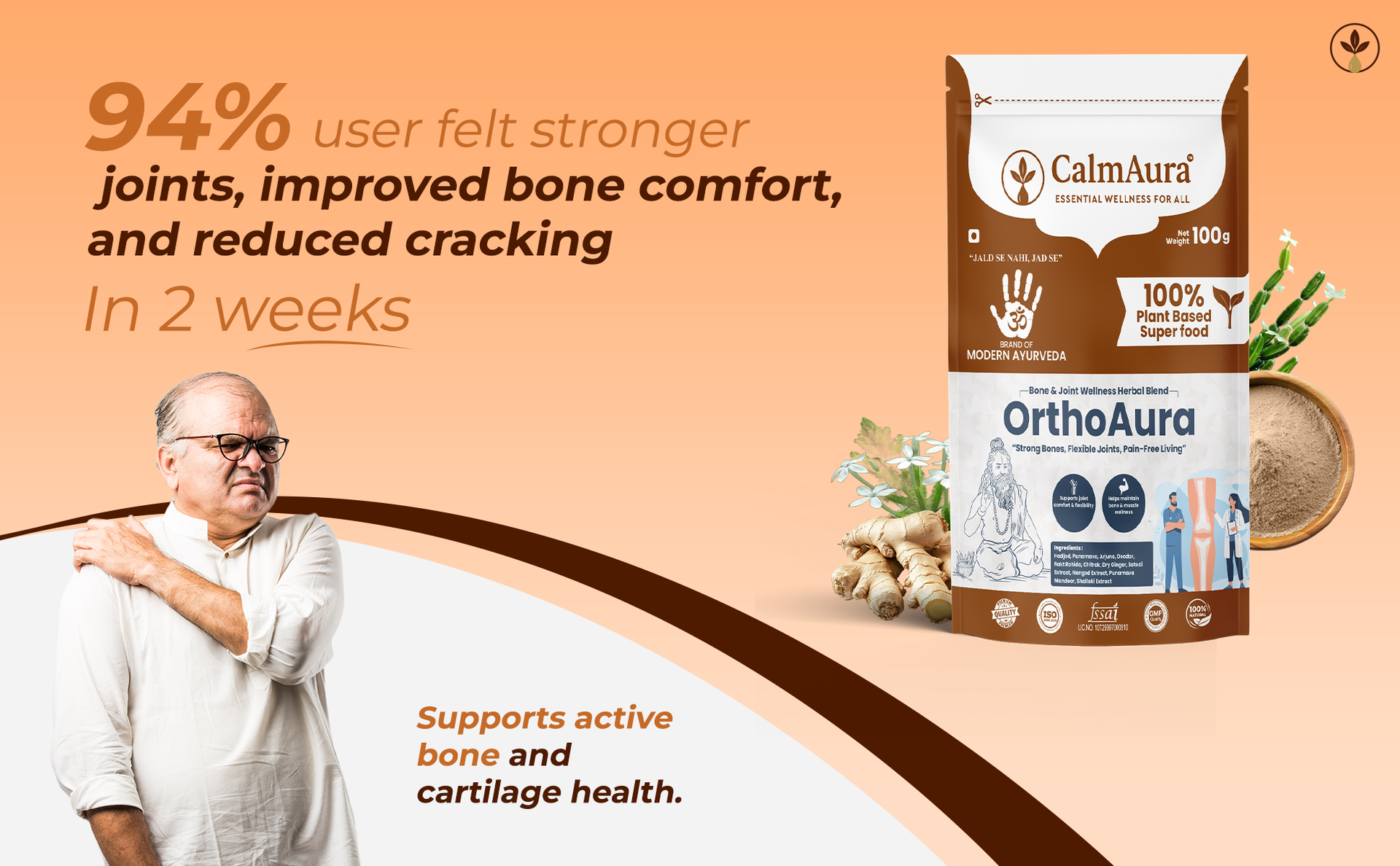 CalmAura OrthoAura Ayurvedic Bone & Joint Support Powder 100g | Herbal Joint Pain Relief, Arthritis Care, Bone Strength & Mobility Formula with Hadjod Punarnava Shallaki | Vegan